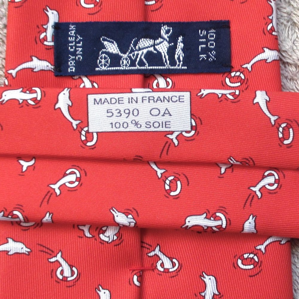 100% REAL HERMES TIE ~ RED w FUN DOLPHINS JUMPING THRU LIFE PRESERVERS HOOPS XXL - Picture 2 of 4